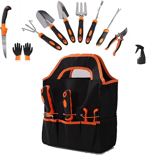 Herramientas de jardinería 11 piezas, juego de herramientas de jardín de acero inoxidable resistente con agarre de mano de goma antideslizante,