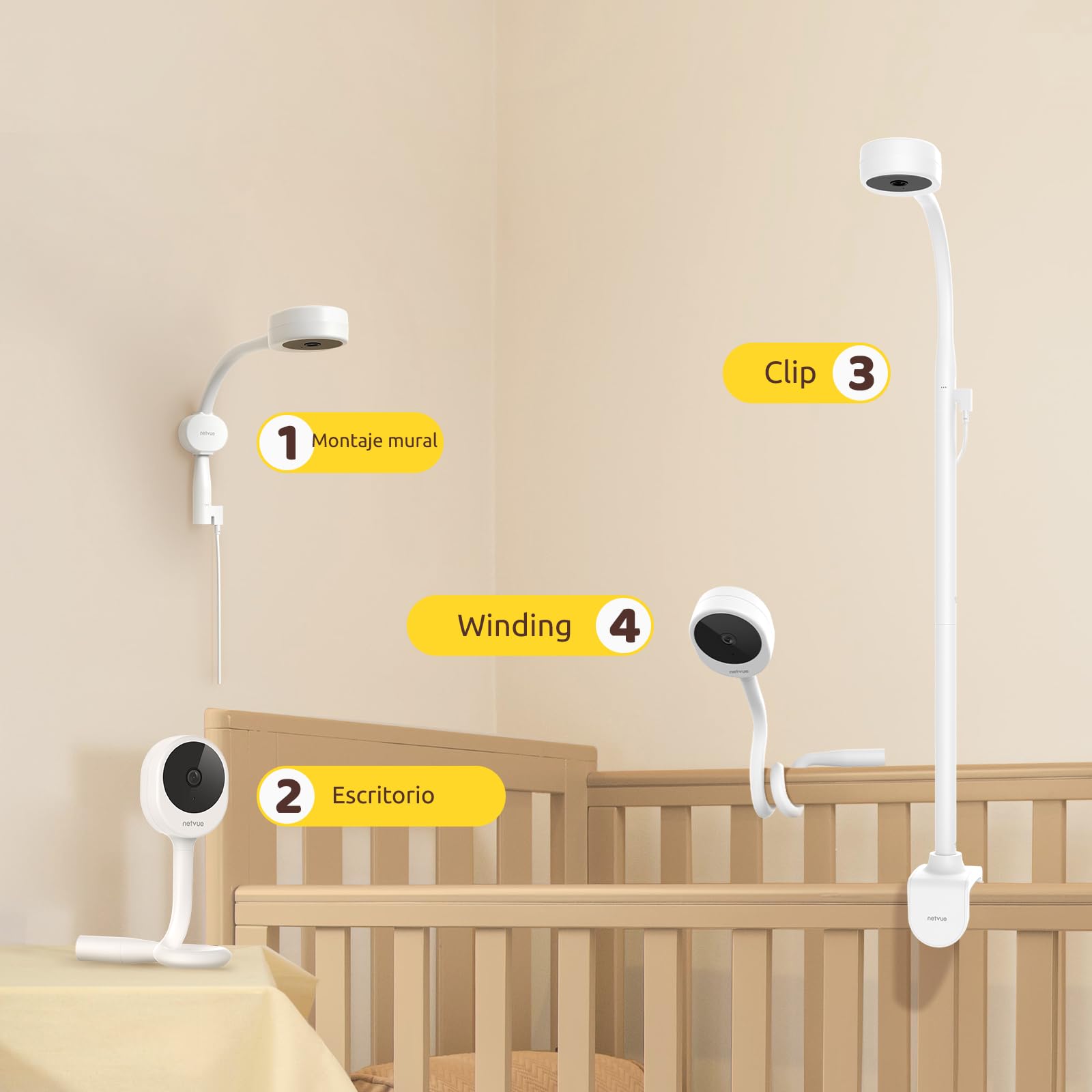 Netvue 1080P Camara Vigilancia Bebe con Soporte 4 en 1, Vigilabebes Camara con App Gratuita, Visión Nocturna, Audio Bidireccional, Análisis del Sueño, Canción de Cuna, Detección de Gritos y Movimiento