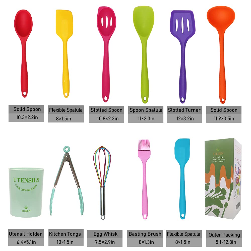 18 pcs Silicone Kitchen Cooking Utensil Set, Non-stick Heat Resistant Cookware, BPA Free Non-Toxic Tools,Turner Tongs Ladle Spoon Whisk, Dishwasher Safe -Colorful by TIBLEN