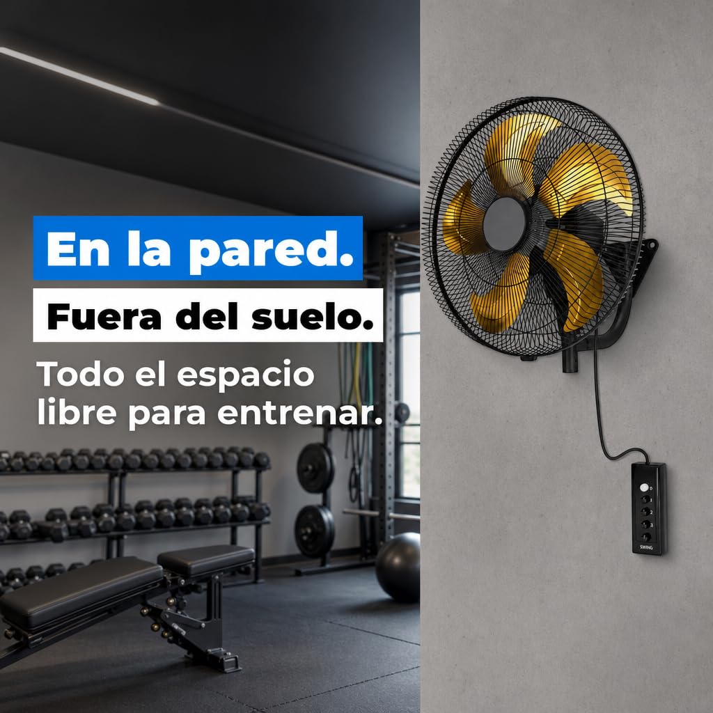 Ventilador de Pared Industrial 152 W, 5 Aspas, 3 Velocidades, Negro/Oro