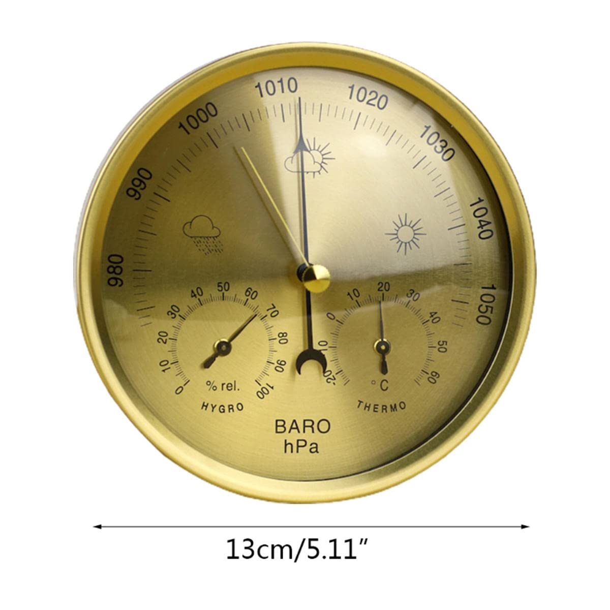 Barómetro 3 en 1 de metal de 13 cm, barómetros para el hogar con marco redondo, para uso en interiores y exteriores, termómetro higrómetro