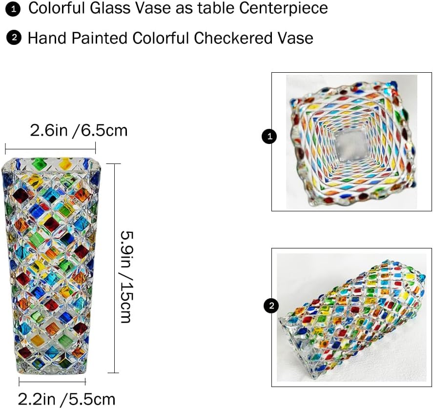 Colorful Checkered Glass Vase, Bright Multi Colored Crystal Diamond Vase Hand Painted - Image 3