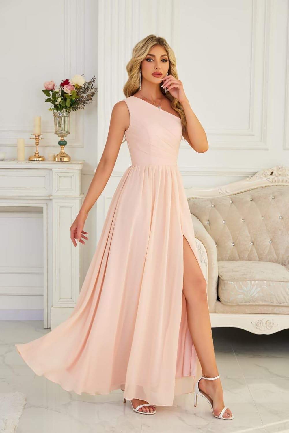 Women's One Shoulder Bridesmaid Dresses for Wedding Chiffon Side Split Reched Formal Evening Dress Sleeveless - Image 3