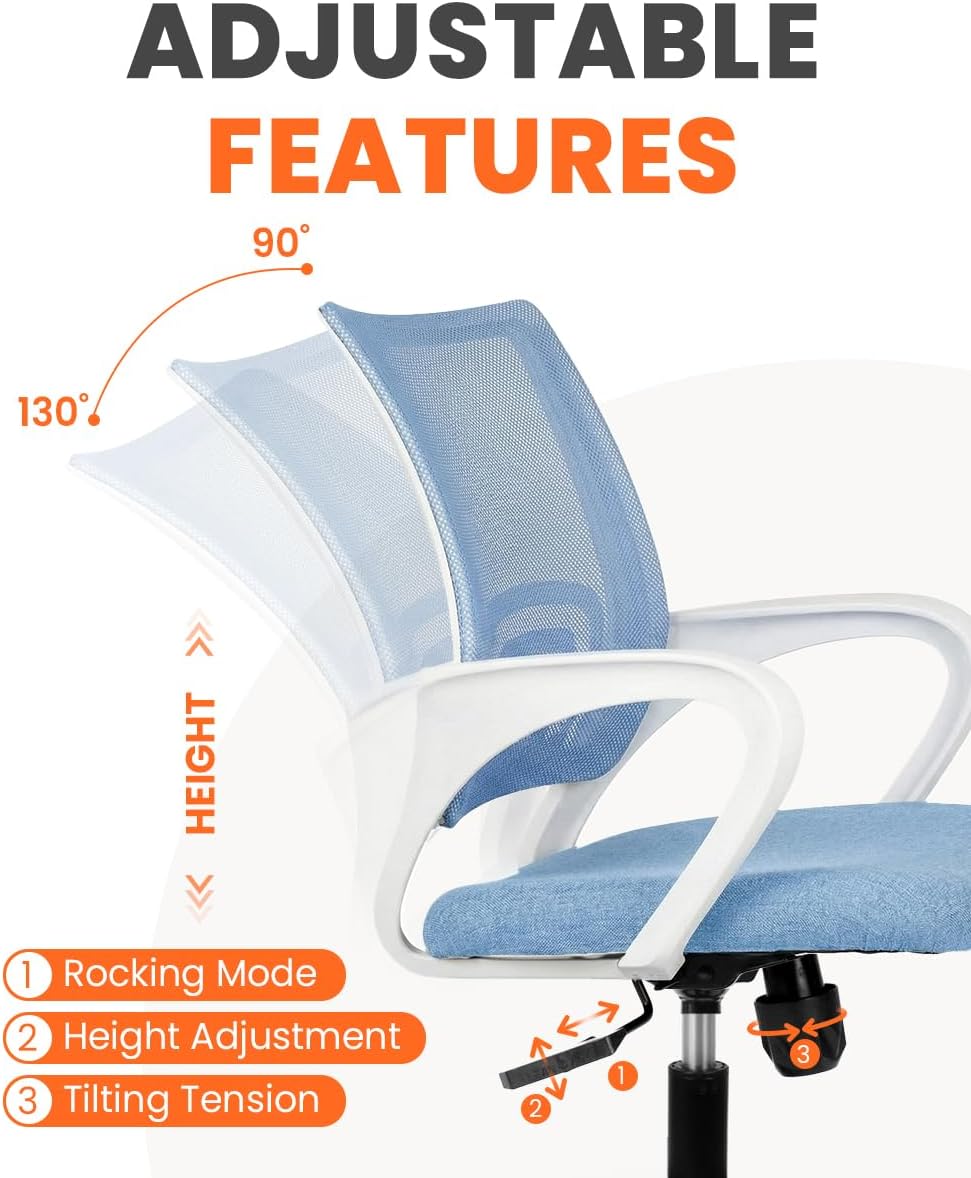 NEO CHAIR Office Desk Computer Chair Ergonomic Mesh Gaming Cushion Seat with Comfy Lumbar Mid Back Support Adjustable Height Swivel Rolling Wheels for Home Task (Sky Blue)