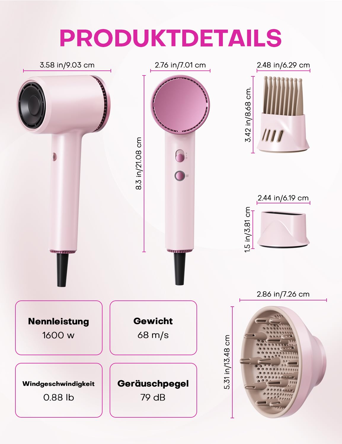 Hochgeschwindigkeits Ionen Föhn mit Diffusor: 1600W 110.000 U/min Haartrockner 2 Geschwindigkeiten & 4 Heizstufen, Kompakter & Leichter Leiser fön für Frauen (Rosa)