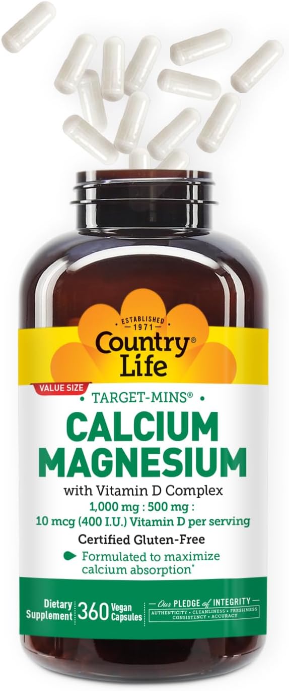 Country Life Target-Mins Calcium Magnesium with Vitamin D-Complex, 1000mg/500mg/10mcg, 360 Vegan Capsules, Certified Gluten Free, Certified Vegan, Verified Non-GMO Verified… - Image 3