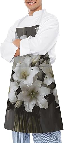 Miniatura 4 de Personalized White Lily Bouquet Adult Apron, Kitchen Cooking Aprons for Woman Man, Adjustable Bib Apron with Pocket for Baking, BBQ Crafting