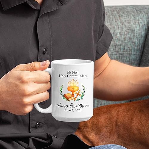 Miniatura 6 de Tazas personalizadas de la Santa Comunión de 11 onzas y 15 onzas, taza de café blanca con texto en inglés "My First Holy Communion", regalos para la