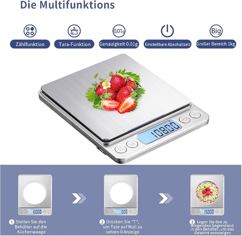 KUBEI 1kg Digitális Konyhai Mérleg 0,01g Pontosságú USB Töltős Rozsdamentes