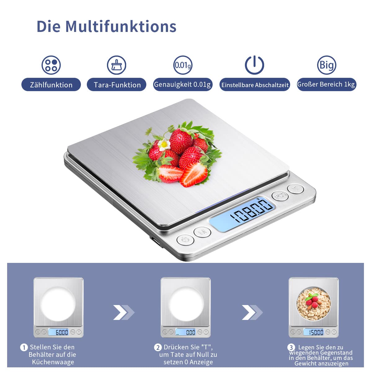 Báscula digital de cocina, 1 kg/0,01 g, carga USB, de alta precisión, báscula digital, báscula de acero inoxidable, perfecta para joyas, monedas, polvos, para hornear