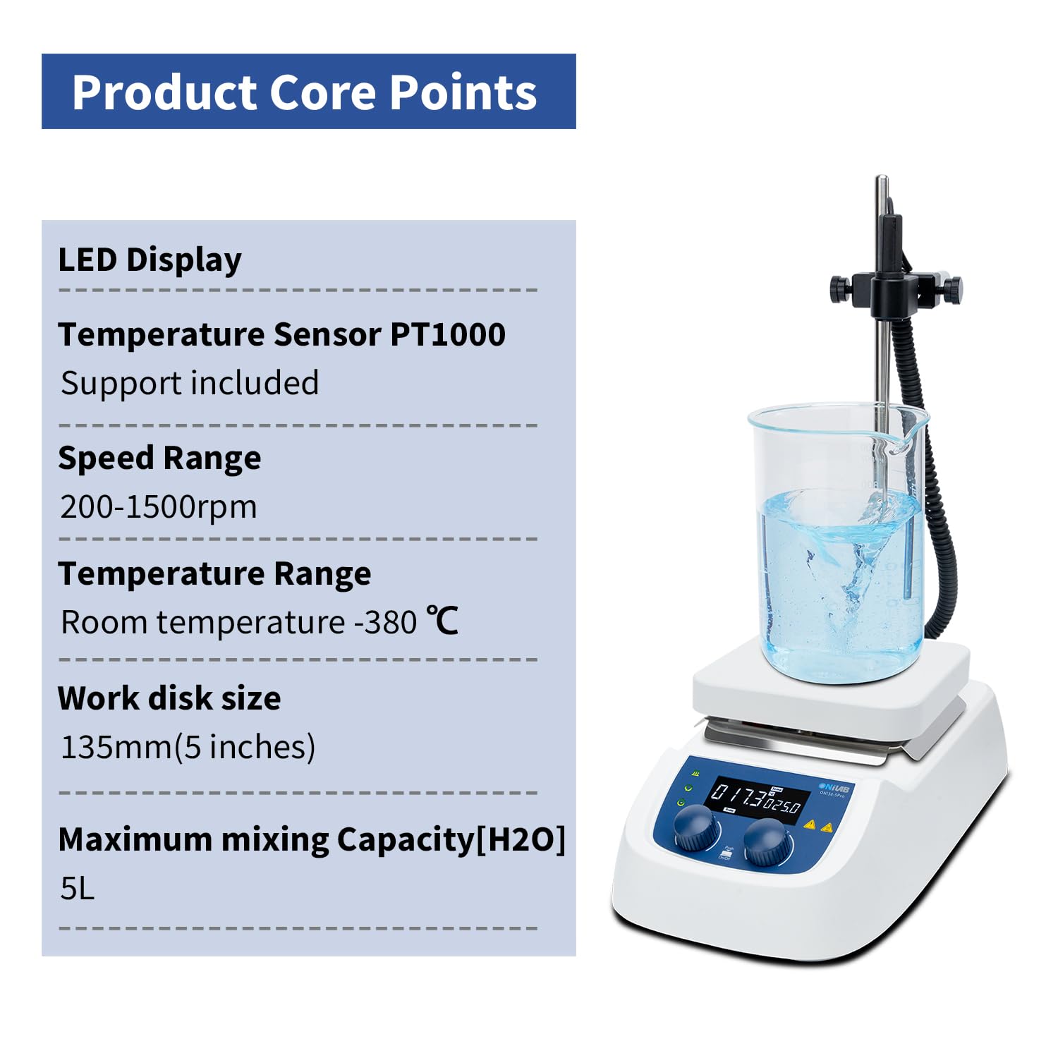 ONiLAB Agitador magnético digital LCD de 380 ℃ con placa de trabajo de aluminio recubierto de cerámica y caja de metal, temporizador 1 min-99 h59 min, 200-1500 rpm, 5 L, sensor de sonda de temperatura