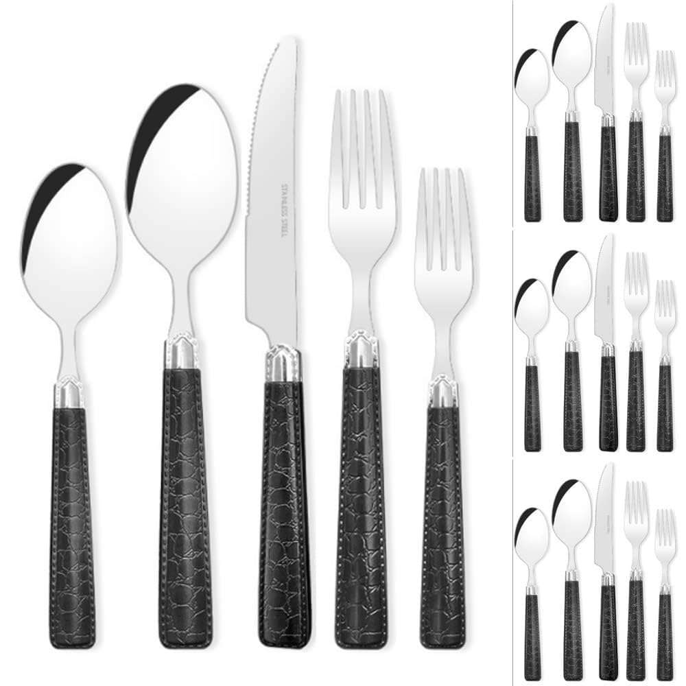 Générique Ménagère 20 pièces en Acier Inoxydable avec Manche en Cuir ABS et Finitions en Relief. Couteau à Steak, Fourchette, cuillère à café, Couleur Noire.