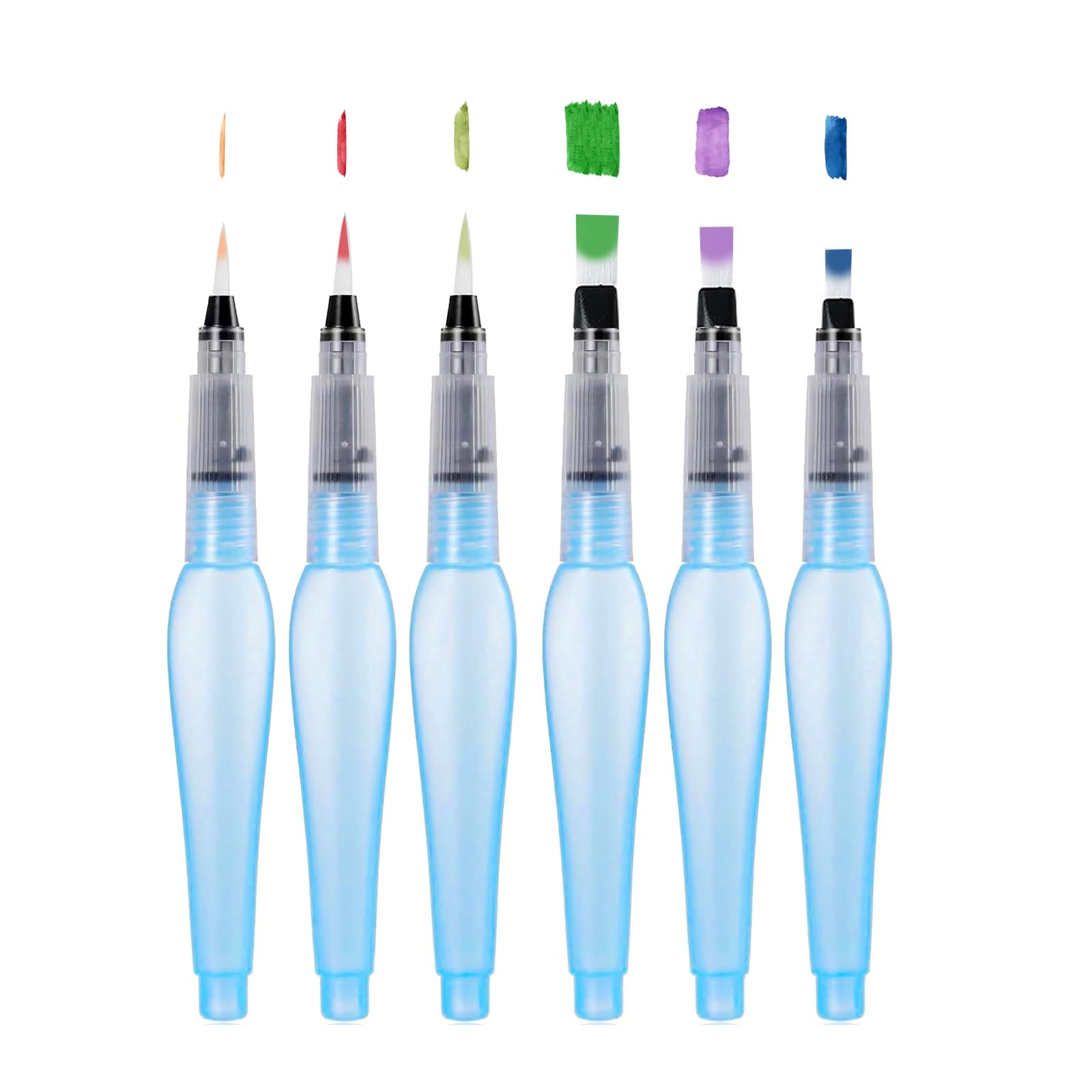 6 Pcs Refillable Watercolour Brush Pens – 155 mm Water Paint Brushes with Refillable Reservoir – Water Brushes with Fine, Medium and Large Tips for Watercolour Painting and Sketching (Oval Blue)
