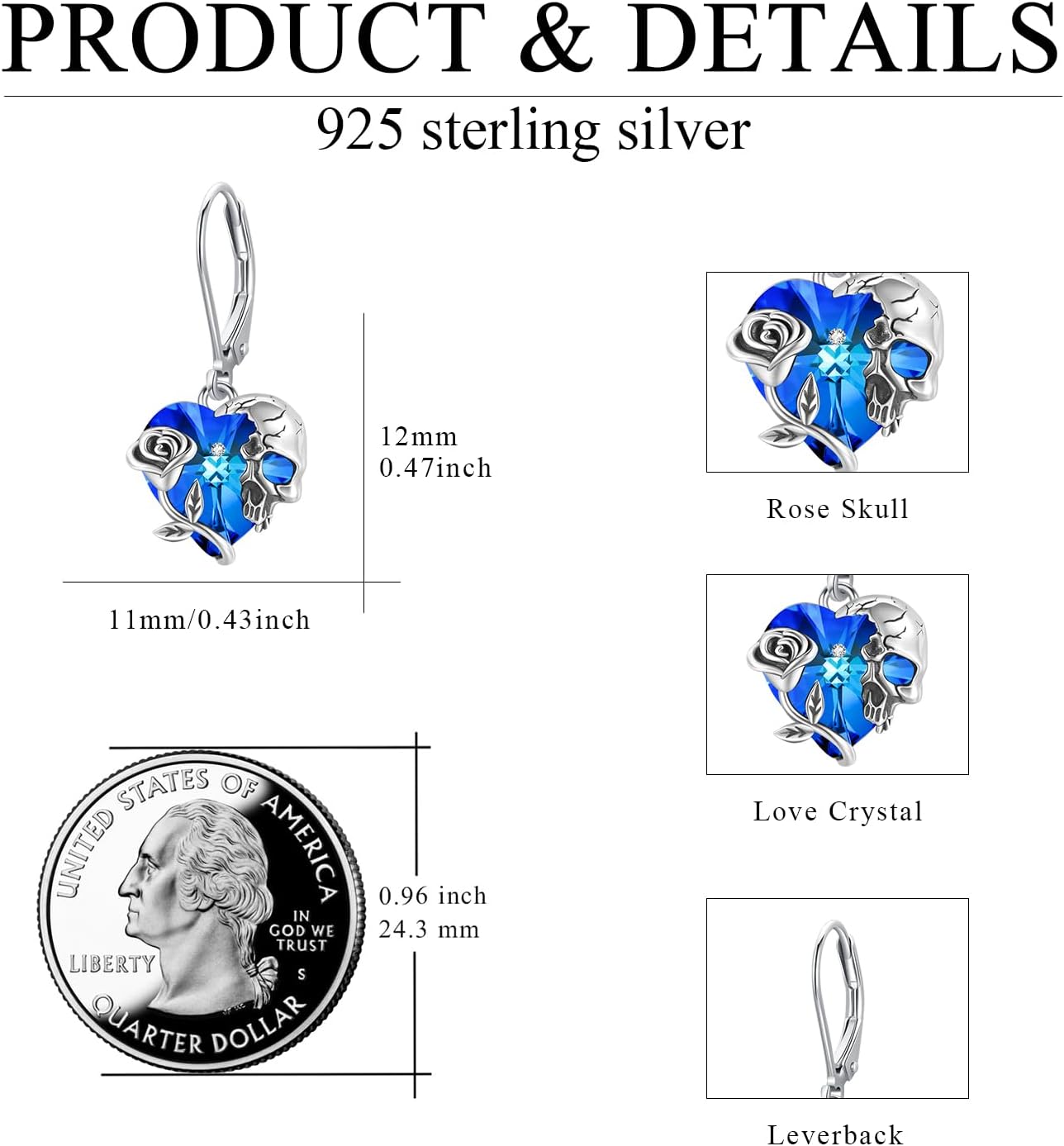 Rose Skull Earrings S925 Sterling Silver Heart Crystal Birthstone Dangle Drop Earrings Hypoallergenic Gothic Skull Leverback JJewelry Gift for Mom Daughter Wife - Image 2