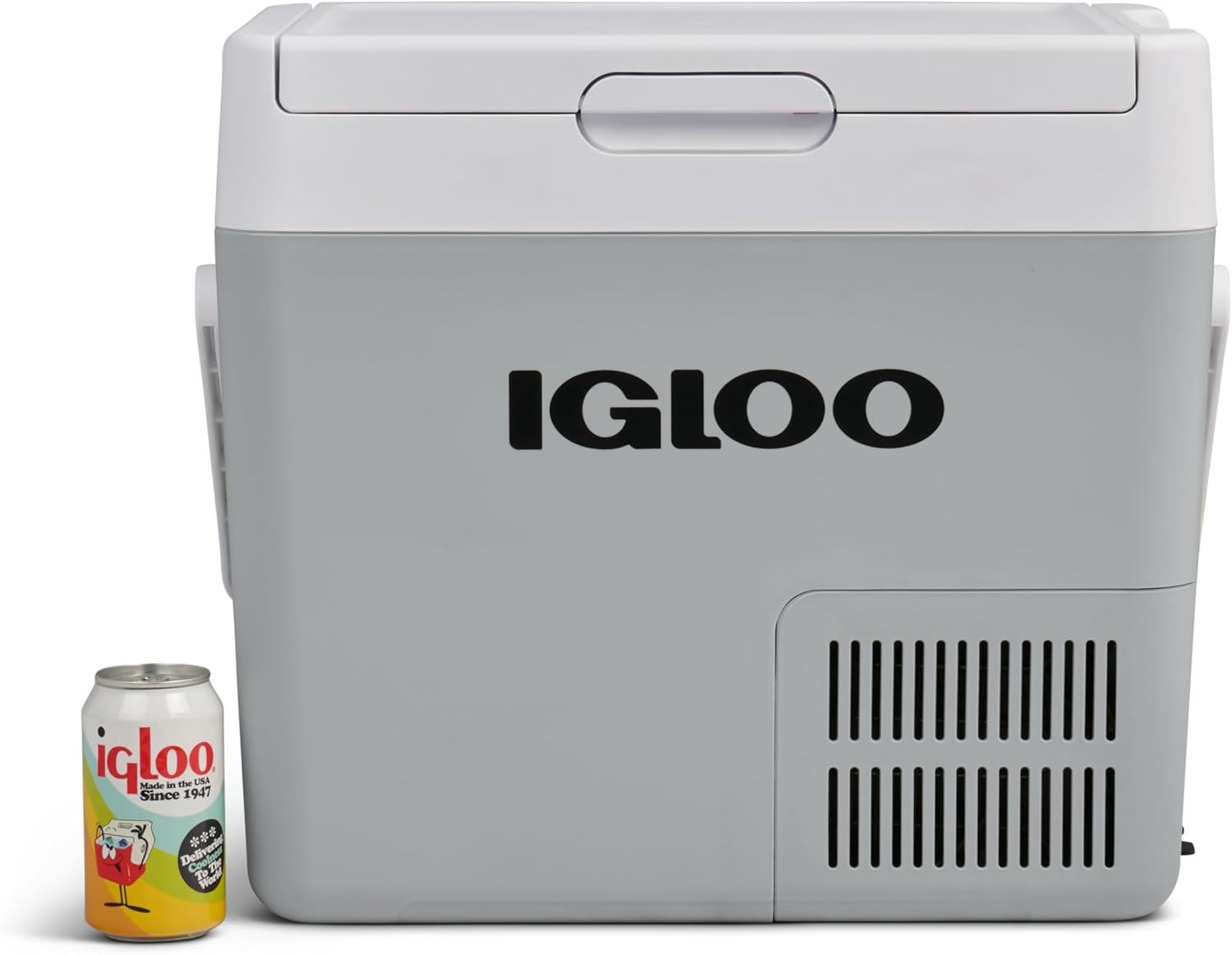 Front view of IGLOO ICF 18 cooler with a beverage can for size comparison