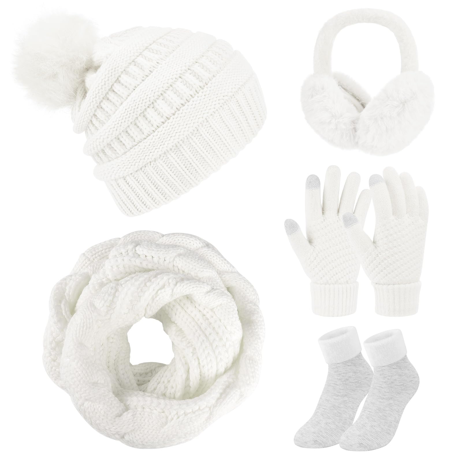 Vijamiy Sciarpa e Cappello Donna Guanti Donna Touch Screen Paraorecchie E Calzini Termici Invernali Set 5 Pezzi Antivento Calore Scaldacollo Regali Invernali(Grigio)