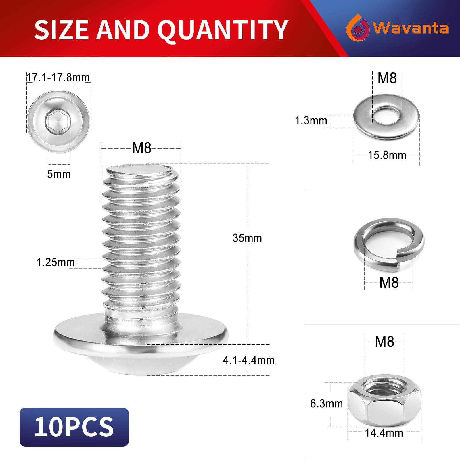 10Pcs M8 x 35 mm Bolt Flanged Button Head Socket Cap Bolt Screws, Nuts and Bolts 304 Stainless Steel, Allen Screws - Image 2