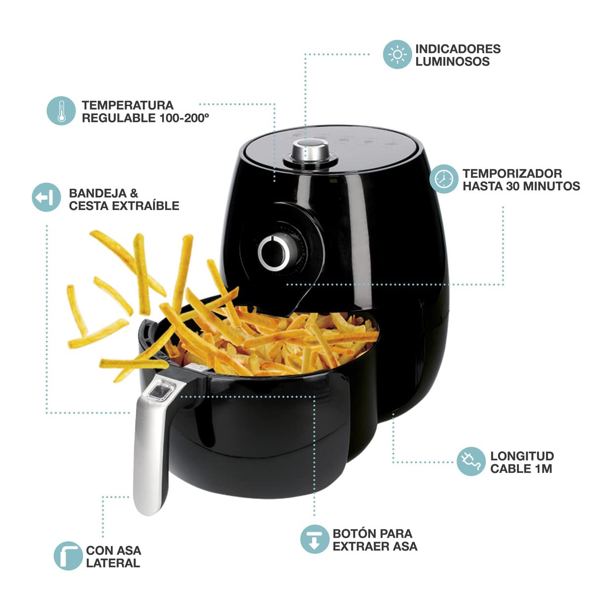 GSC EVOLUTION Freidora de aire sin Aceite NARIA, 1450W, 5L Gran Capacidad, Apta para lavavajillas, Programador hasta 30 min, Horno de aire sin aceite, Hasta 200º - Cocción Uniforme y Saludable