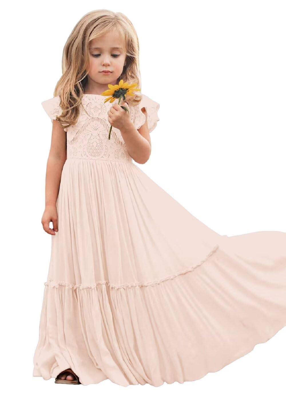 JISISANG Boho Flower Girl Ruffle Chiffon Dress Lace Embroidery First Communion Dress Ruched A-Line Long Wedding Party Dresses