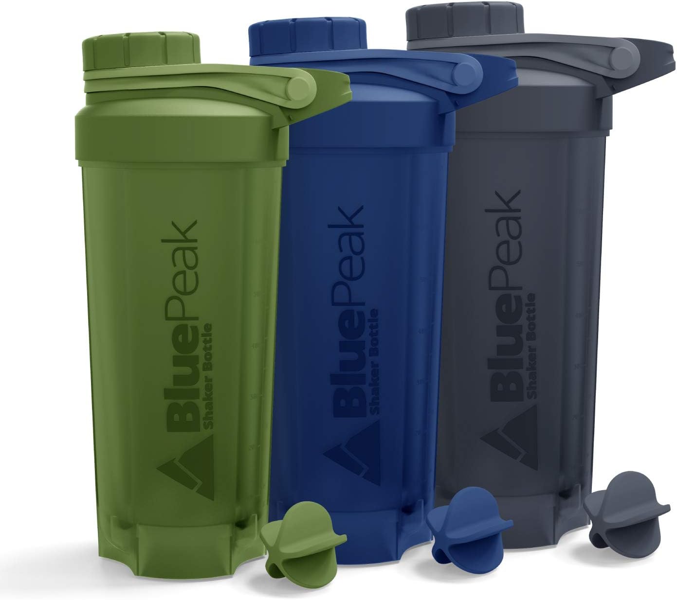 BluePeakProtein Shaker Bottle 28 oz with Twist Cap, Strong Loop Top, BPA Free, Dishwasher Safe, Shaker Balls Included - On-The-Go Large Protein Shakers (3 Pack - Green, Blue, Gray)