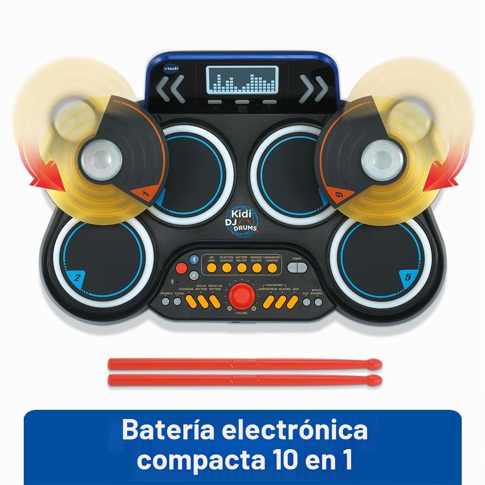 VTech Kidi DJ Drums, batería electrónica Infantil con Almohadillas Luminosas, platillos, Palillos, Bluetooth, Toma Jack para Auriculares, Aprendizaje y Juegos, Para niños a Partir de 6 años, francés