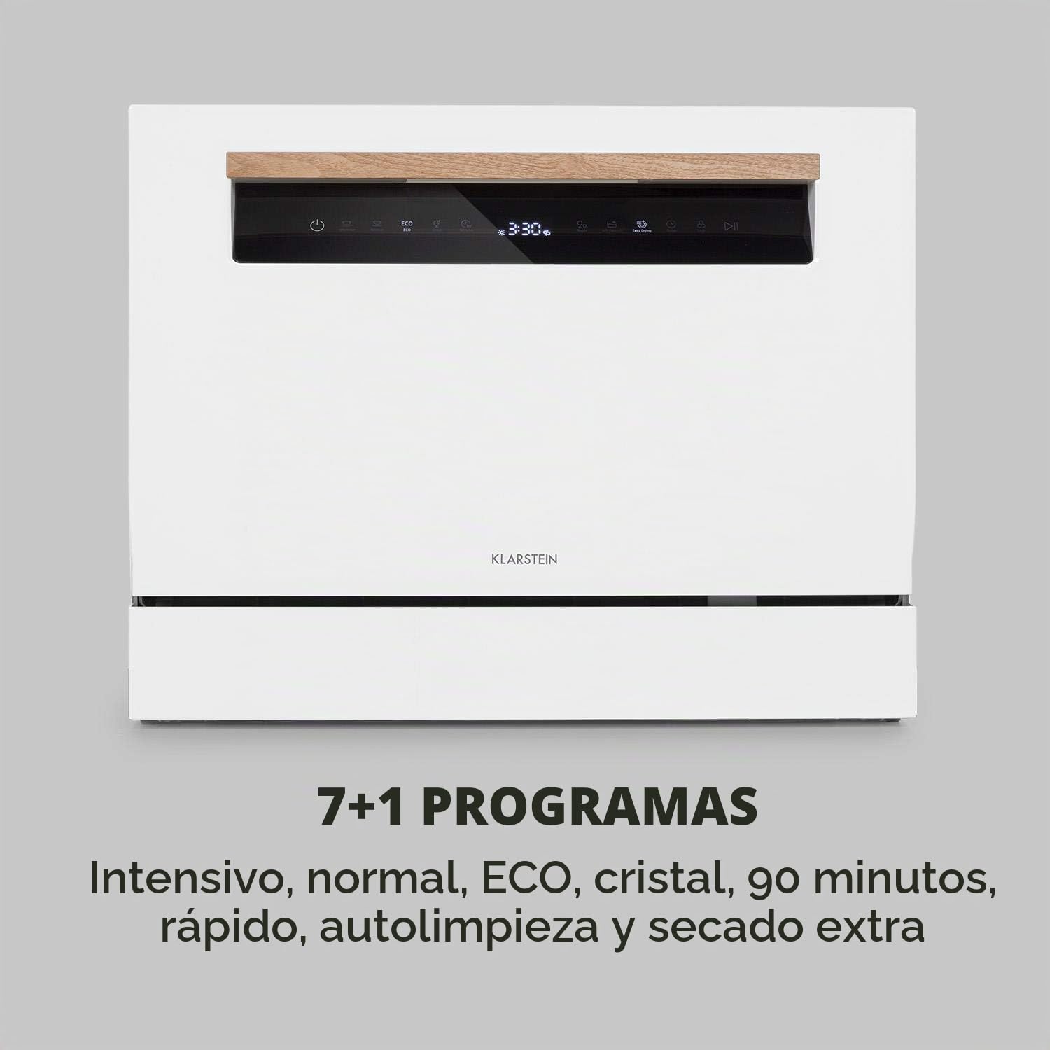 Klarstein Lagoona Mini lavavajillas de libre instalación, Potencia: 1380 W, 6 servicios estándar, Consumo de agua: 6,5 L, 7 programas más secado extra, 49 dB, panel táctil negro, blanco