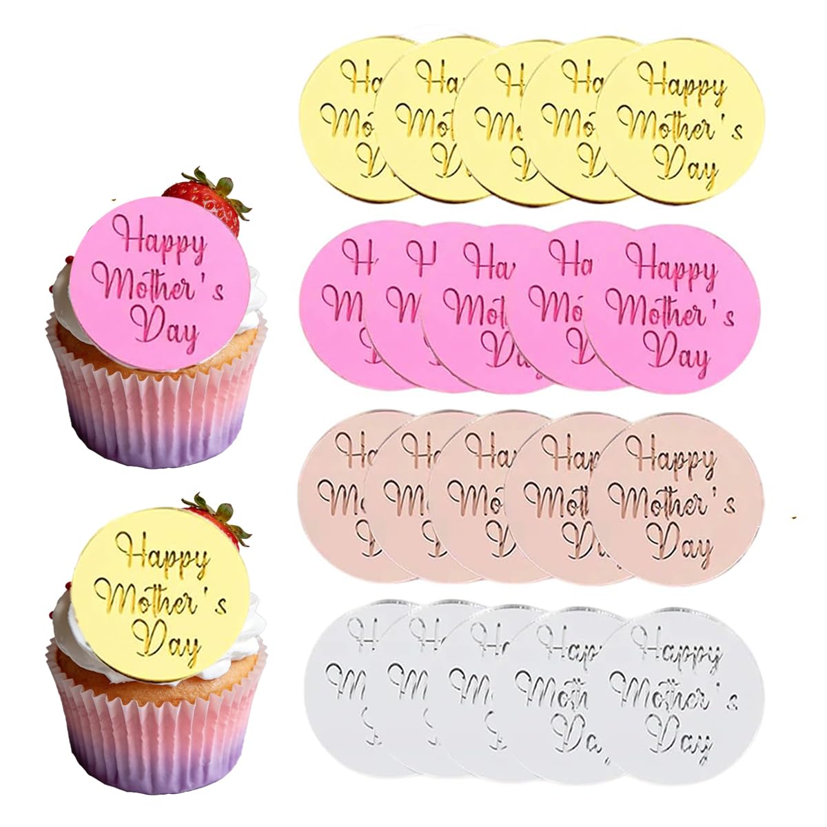 Photo 1 of 20pcs Happy Mother's Day Cupcake Topper Acrylic Mirror Disc Round Multicolored Cake Picks Cake Decoration for Mother's Day Party Dessert Decor