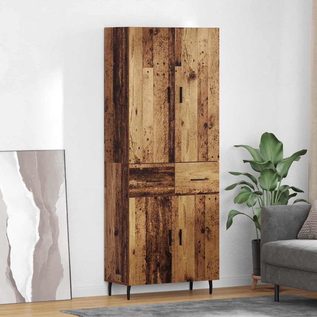 Buffet haut avec tiroirs en bois vieilli et verre, buffet moderne avec espace de rangement, armoire étroite pour salon, salle à manger, couloir, étagère fonctionnelle