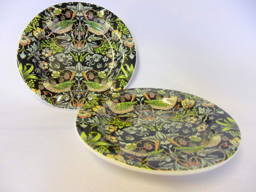 Heron Cross Pottery Multicolor Set Of 2 William Morris Black Strawberry Thief Design China Coasters.