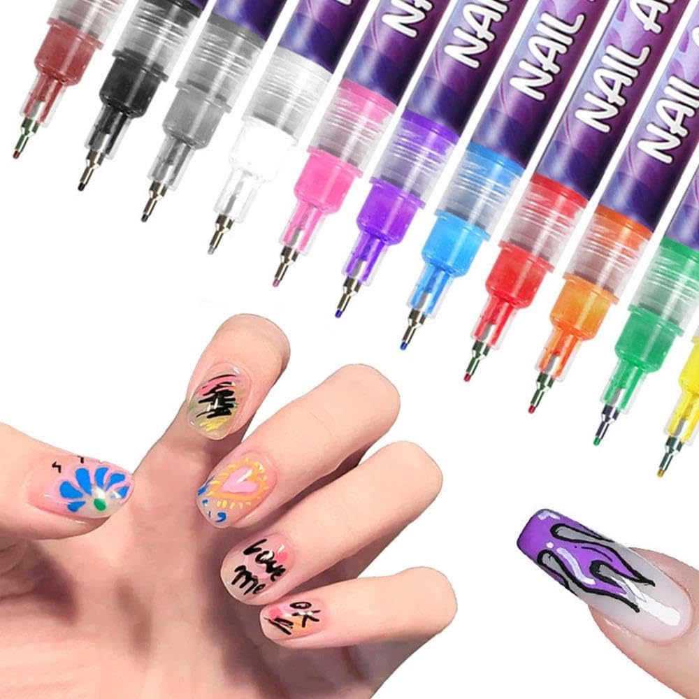 12 Colors Nail Art Pens Set - Acrylic Nail Art Markers 3D Nail Polish Pens Drawing Painting Pen for Home Salon, 0.5MM Waterproof and Quick-drying Nail Liner Pen for Nail Art DIY Decoration