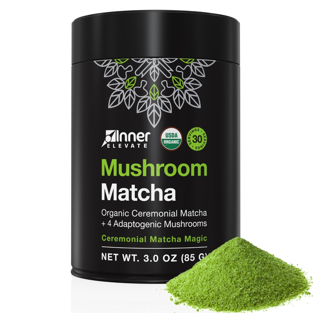 Inner Elevate Mushroom Matcha - Organic, Ceremonial-Grade Matcha Powder with 4 Superfood Mushrooms - Adaptogenic Mushroom Tea Drink with Lion's Mane, Cordyceps, Turkey Tail, Reishi (30 Servings)