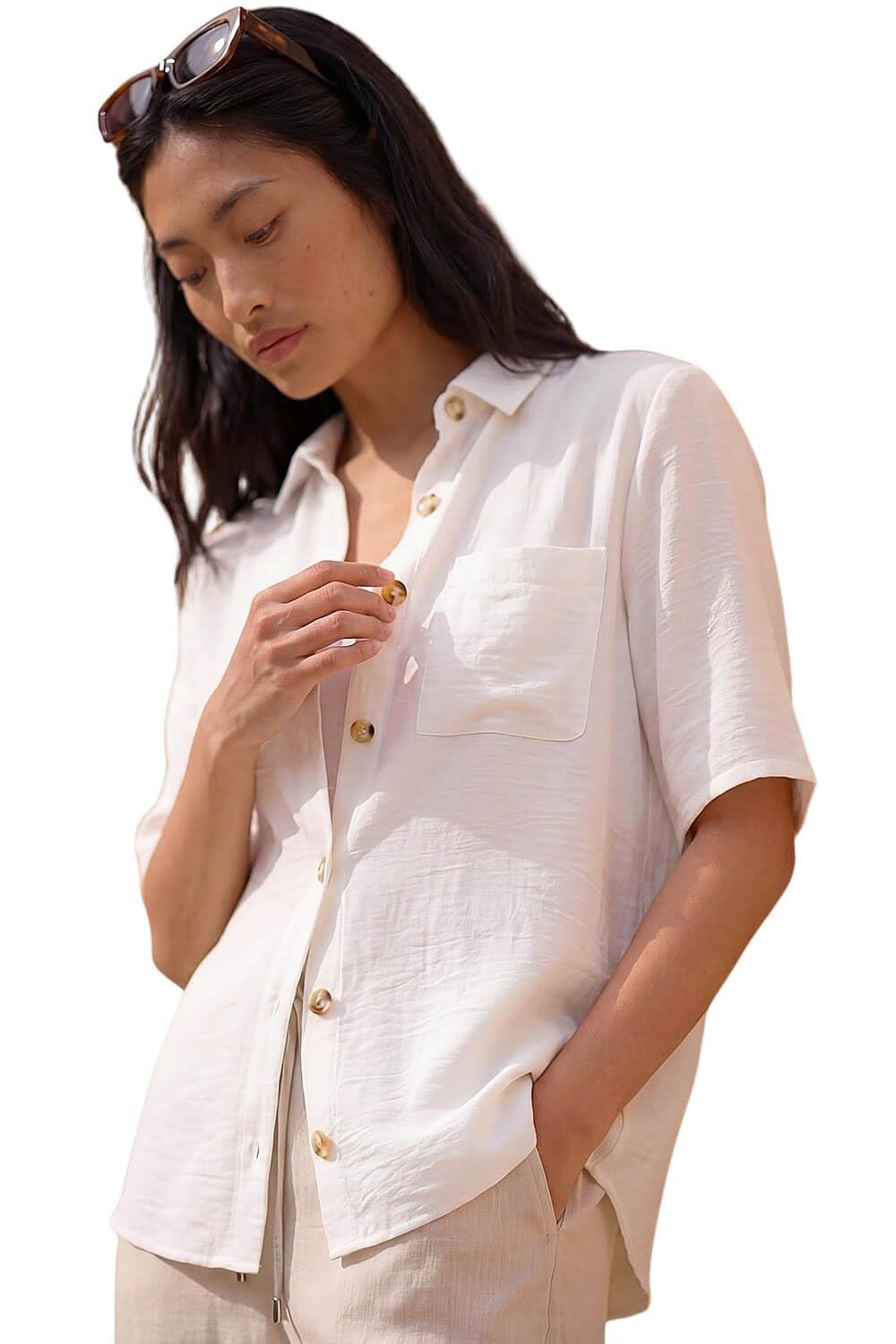Roman Petite Button Up Pocket Shirt, White, Size 14, Women