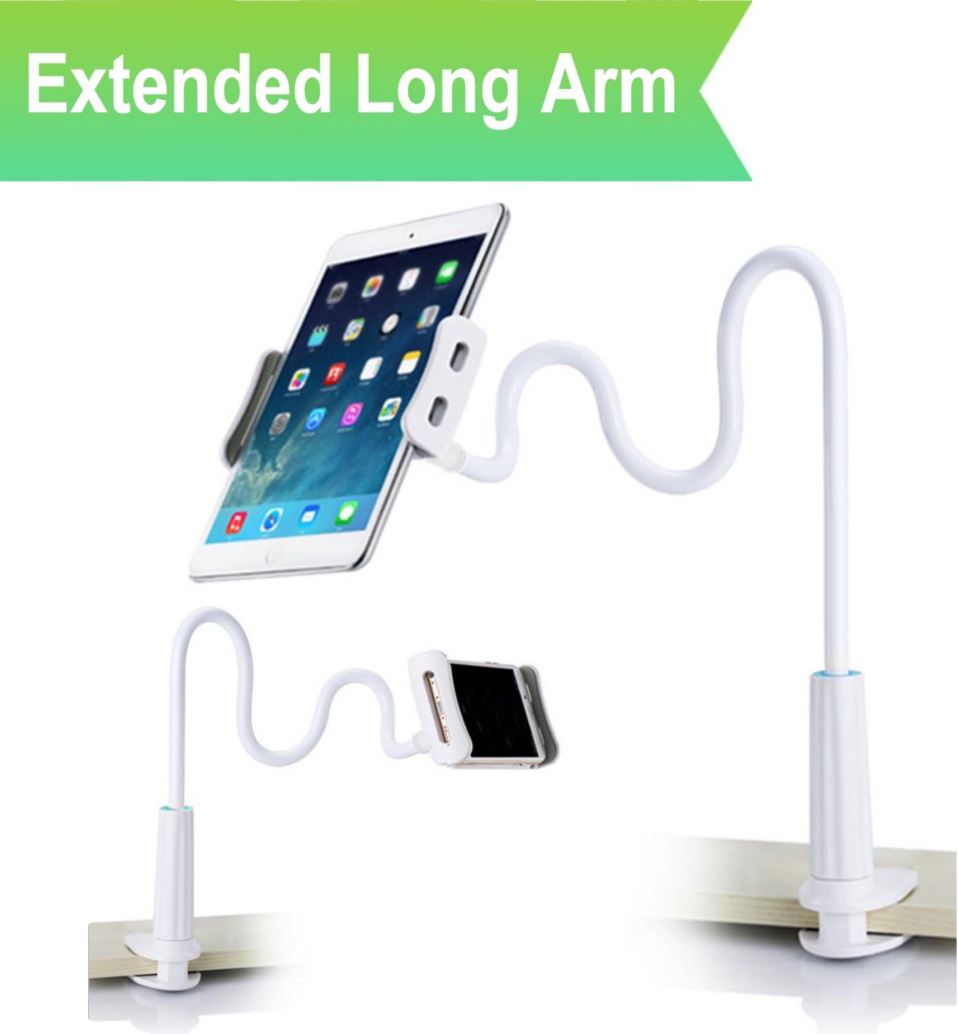 Cellphone & Tablet 2 in 1 Stand Holder Clip with Grip Flexible Long Arm Gooseneck Bracket Mount Clamp for Ipad/iPhone X/8/7/6/6S Plus Samsung S8/S7 - White