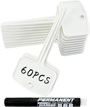 Mziart 60 PCS Plant Labels, 5 Inch T-Type Plant Tags with Holes & Pen, Waterproof Thick Plastic Garden Markers, Nursery Plant Name Tags for Indoor & Outdoor Herbs Vegetables Flowers Seedlings