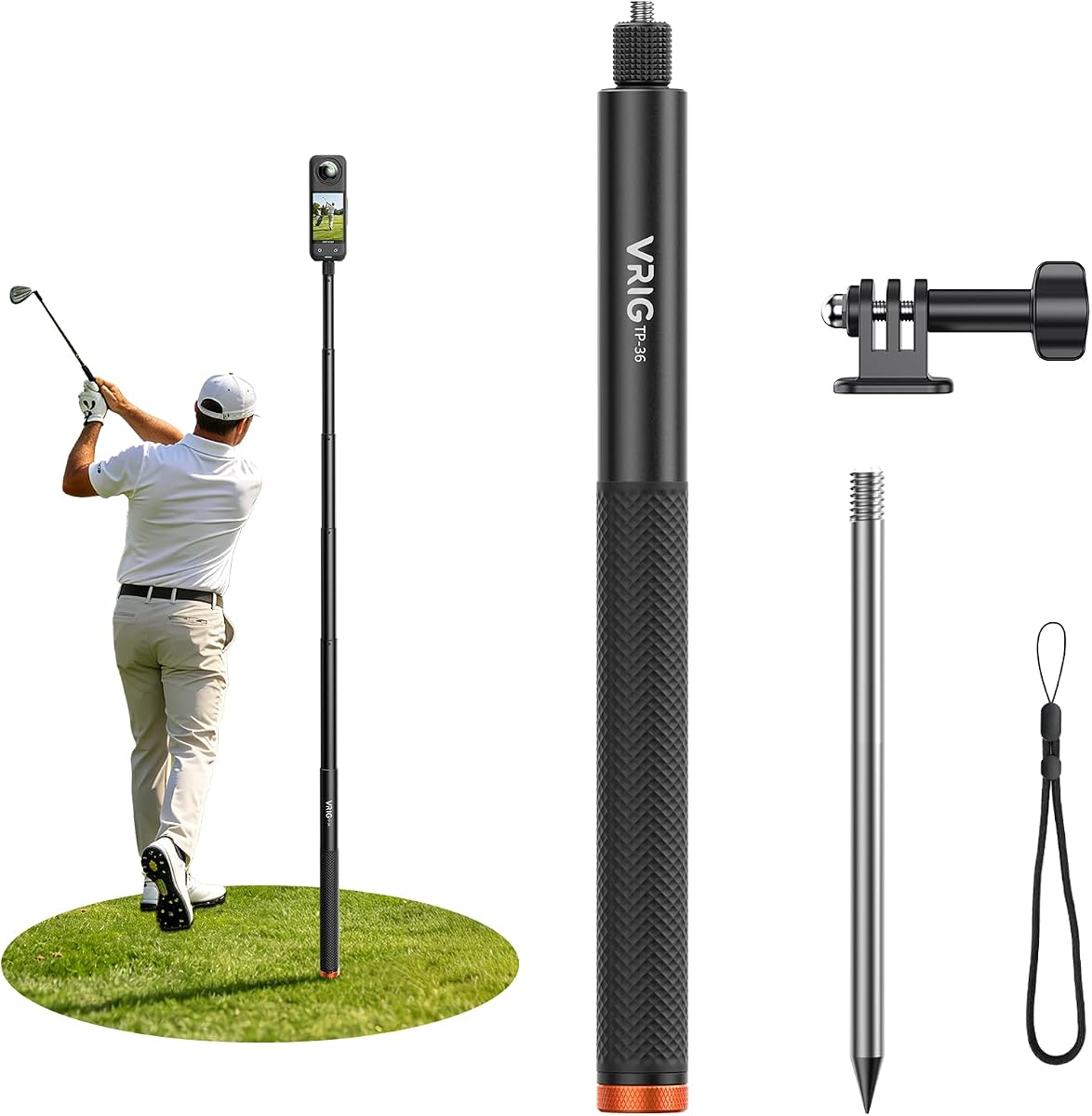 VRIG Palo selfie invisible monopié de golf de 160 cm/63 pulgadas con estacas para el suelo | Poste extendido para Insta360 X6/X5/X4/X3,Luna Ultra,GoPro Hero 13,Mission 1 Pro,DJI OSMO Pocket 3/4,Action 6/5/4,AKASO 360