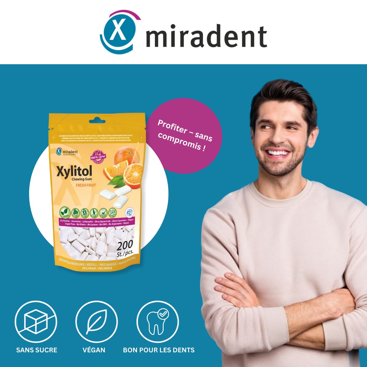 Miradent Chewing-gum dentaire au xylitol Pack économique 200 pcs goût Fruits frais sans sucre vegan
