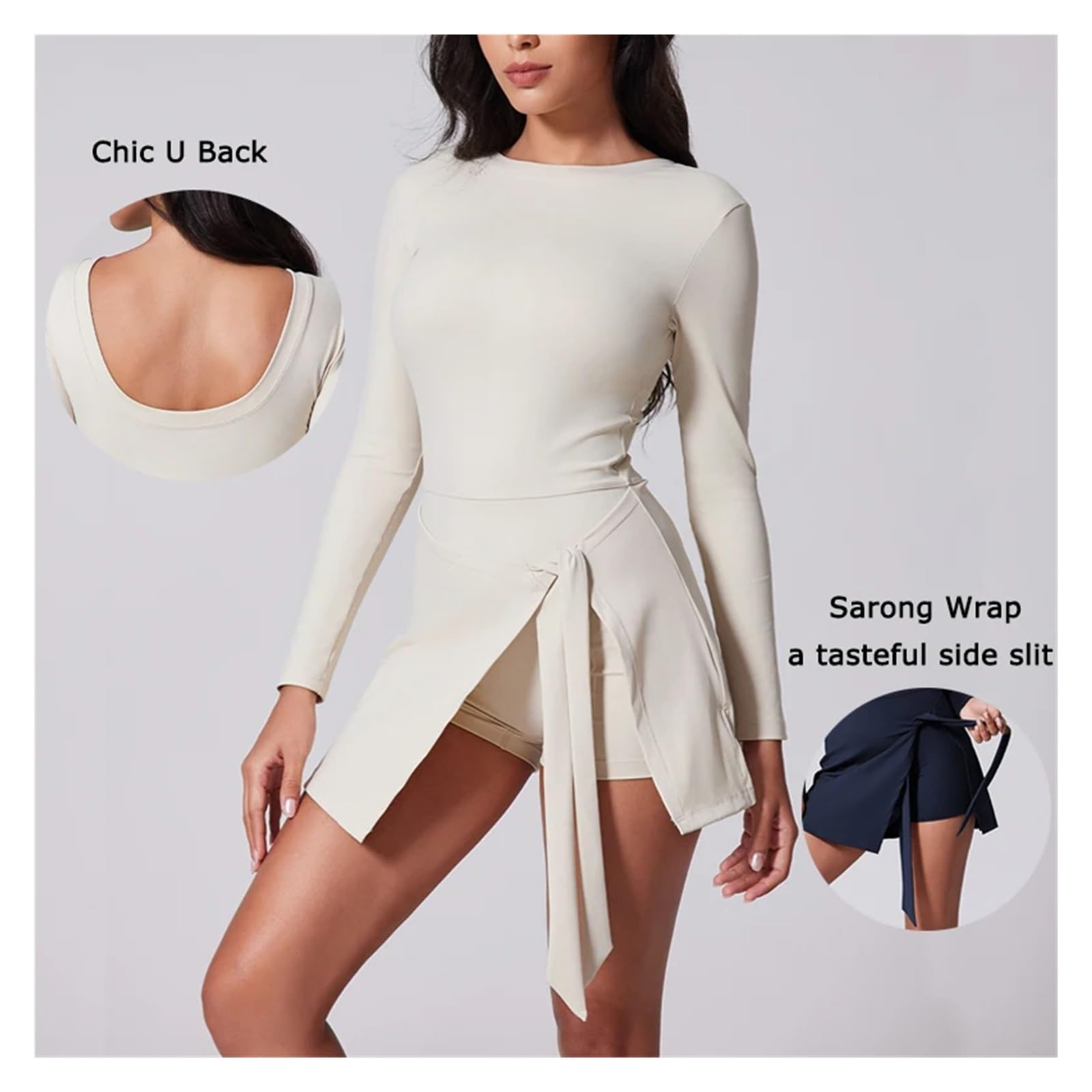Abiti da tennis da donna Abito da tennis da donna con collo alto, maniche lunghe, gonna avvolgente, pantaloncini incorporati, abito sportivo da golf