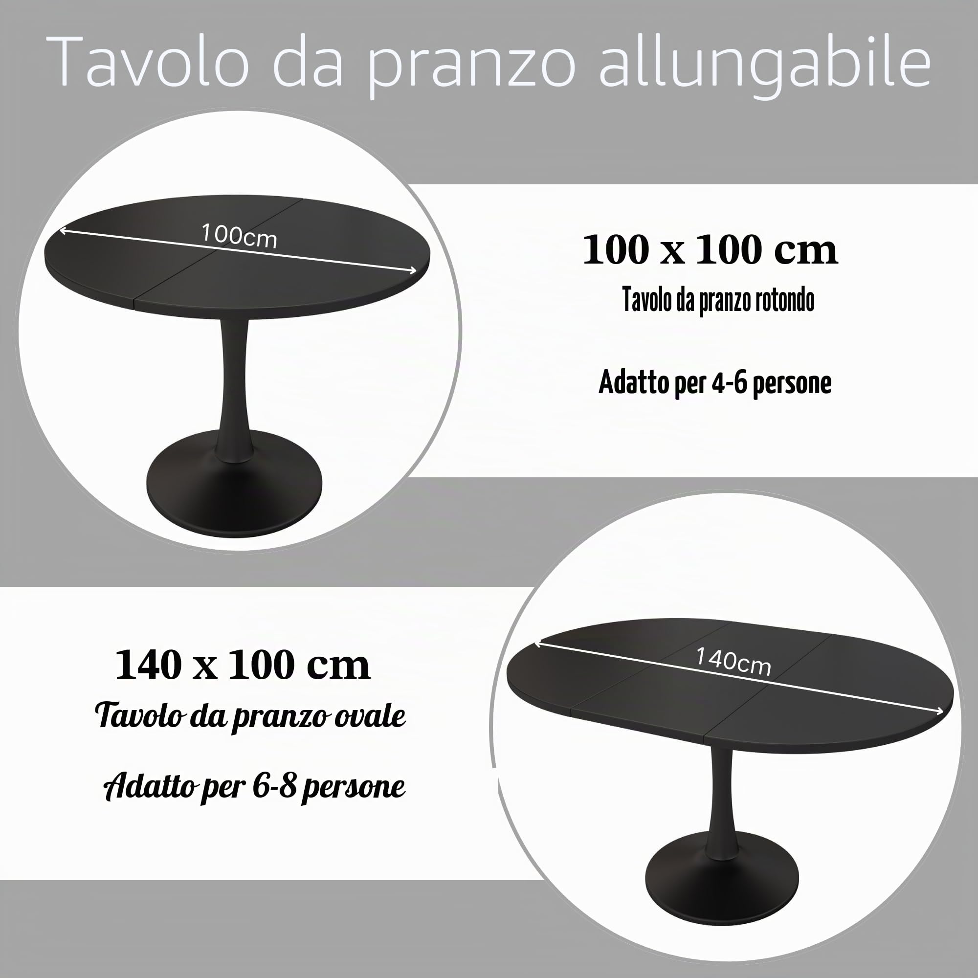Tavolo da pranzo allungabile, rotondo, per 4-6 persone, tavolo da pranzo, pieghevole, per soggiorno, tempo libero, stile semplice, nero, 100/140 x 100 x 75 cm