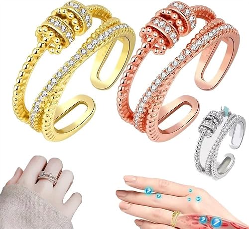 Threanic Triple-Spin Ring - Gold Fidget Spinner, VIKANDA Thermogenic Moissanite Spinner Ring, Adjustable Feelief Zirconica Triple Fidget Ring (Color