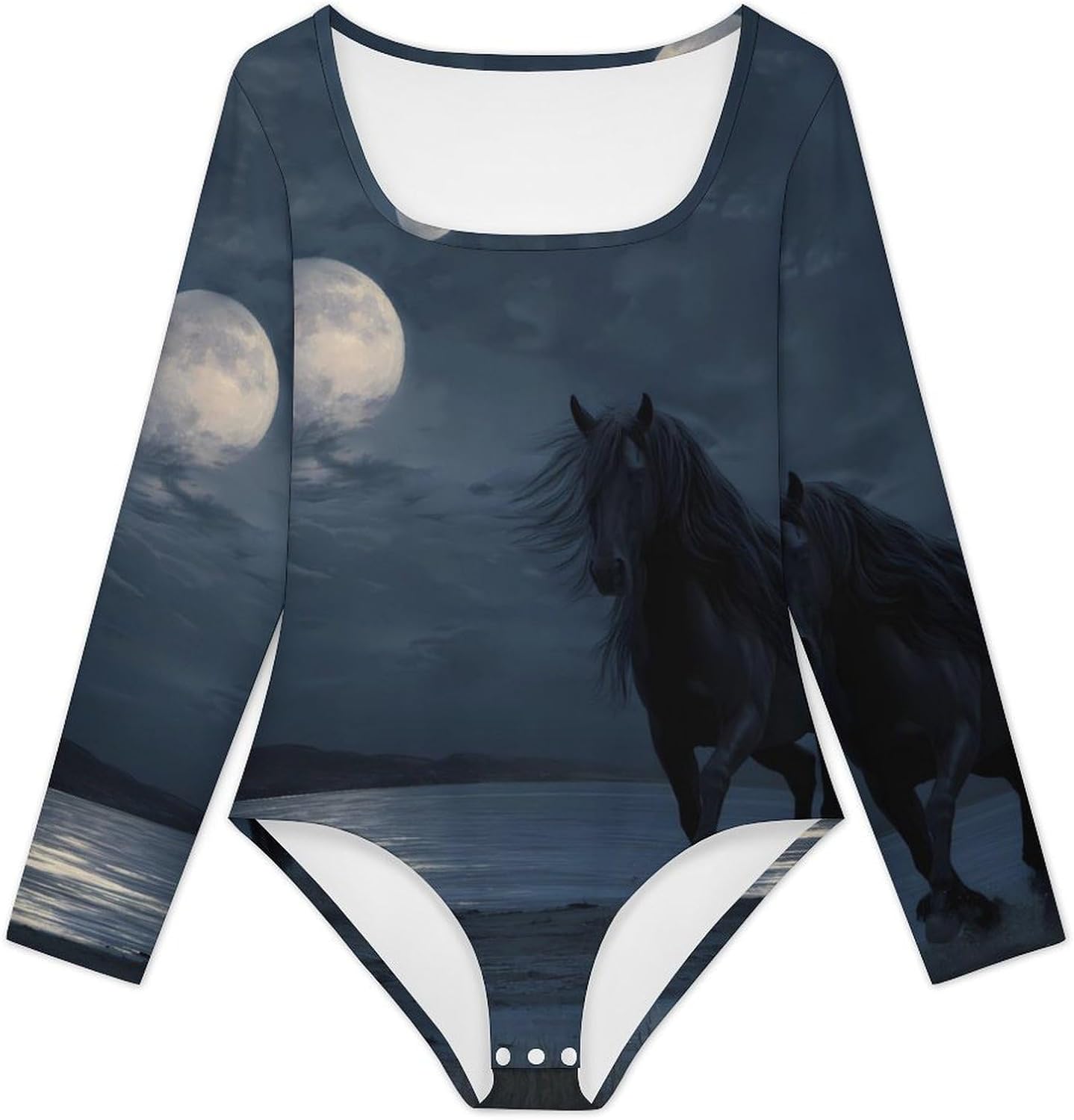 Black Stallion Horse Wild Animals Women's Bodysuits Long Sleeve Top 5XL
