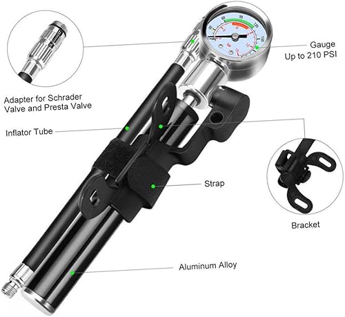 Miniatura 2 de Bomba de bicicleta portátil de alta presión con manómetro para válvulas francesas de EE. UU., Compacta, ligera, infladora de neumáticos de