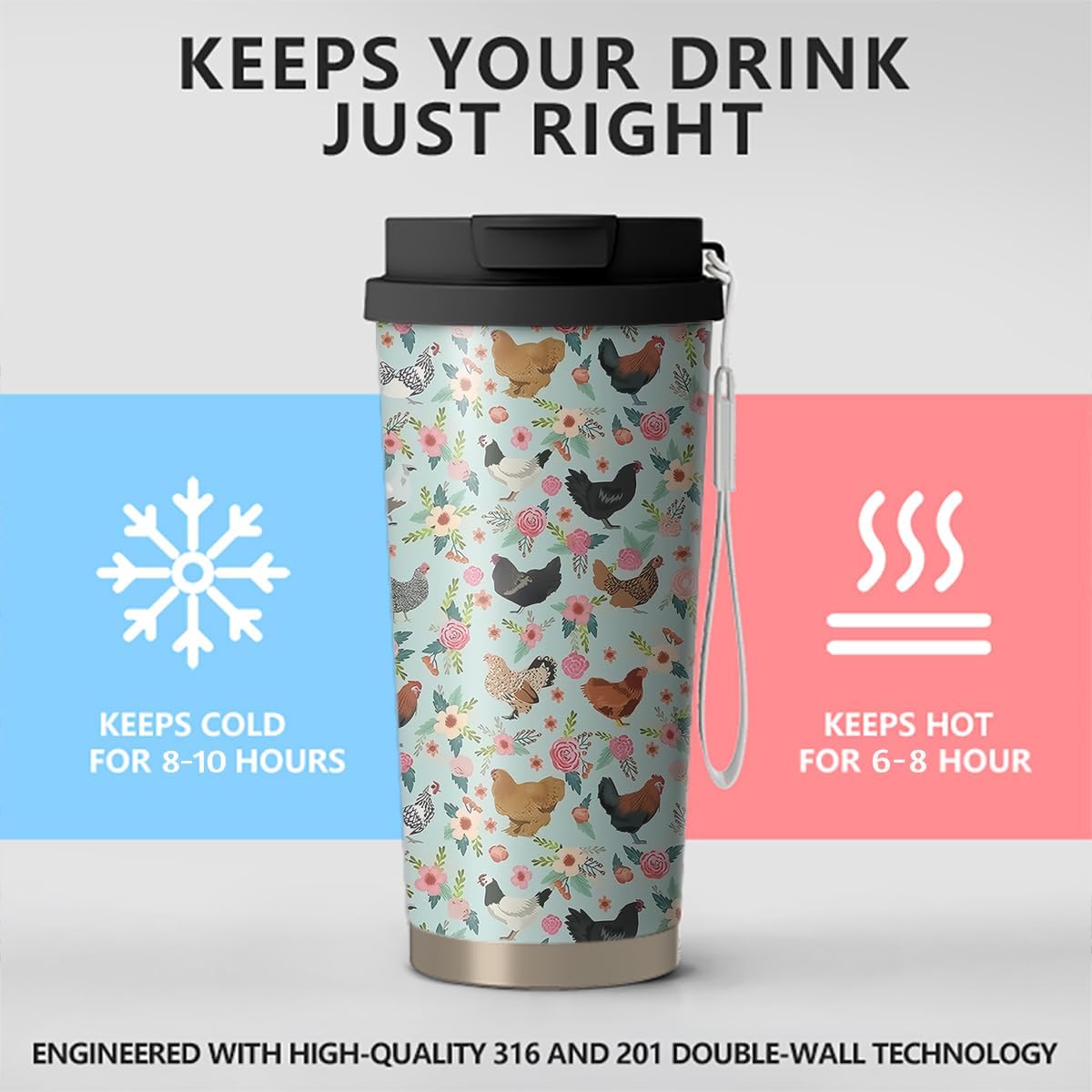 18oz Cute Chicken Coffee Mug Travel Cups with Lid and Flip Straw, Stainless Steel Insulated Tumbler Water Bottle with Strap, Gifts for Women Animal Lovers - Image 4
