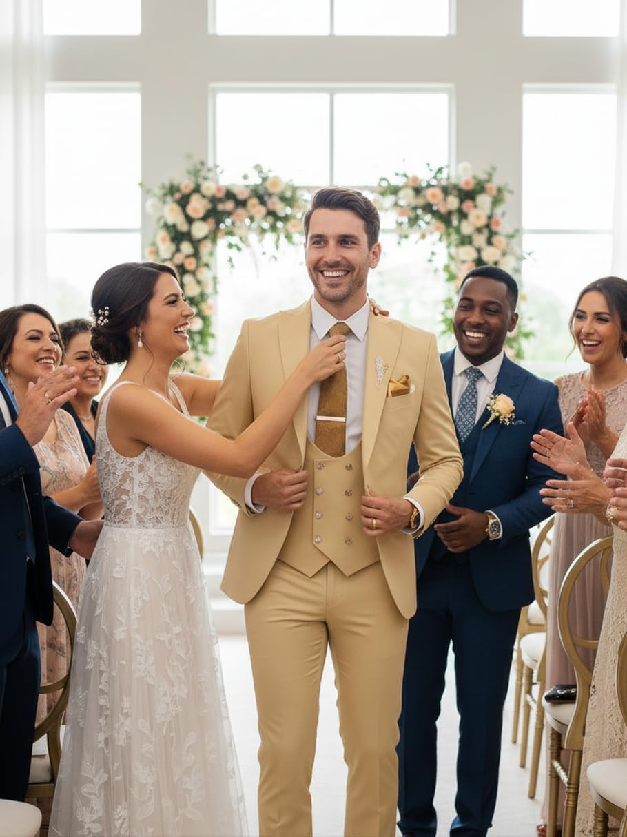 Wangyue Men's Suits 3 Piece Slim Fit Suits for Men Double Breasted Suit Men Business Wedding Prom Tuxedo Suit