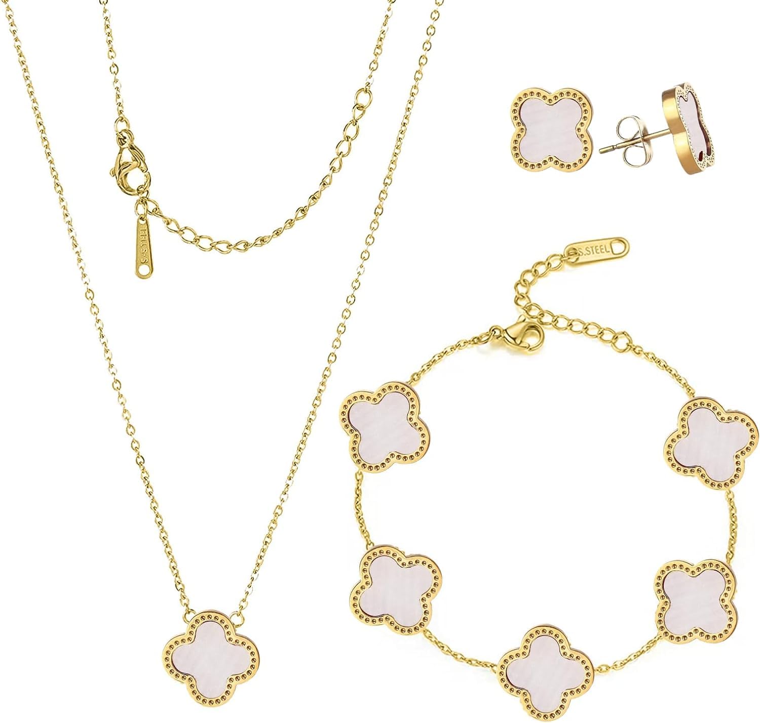 GenericLuxury Fashion Jewelry Lucky Ladies Shell Four Leaf Clover necklace set 18K Gold Plated Stainless Steel jewellery