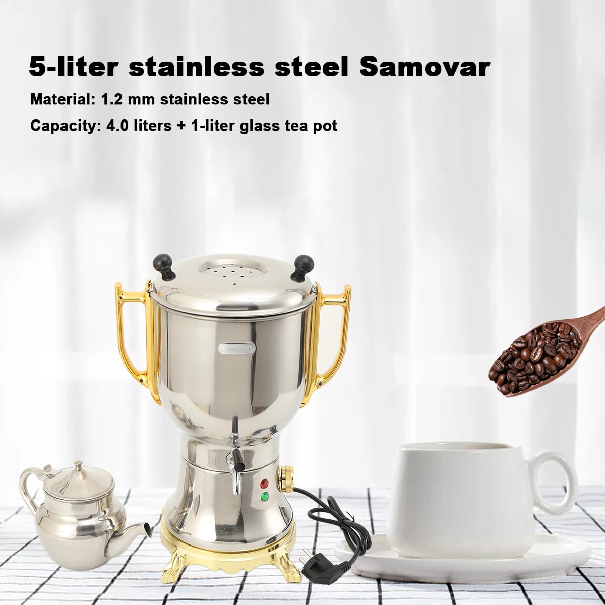Edelstahl Holzkohle Samowar 5L, Russischer/Türkischer Samowar Elektrischer Teekocher, 4.0L Wasserbehälter + 1.0L Teekanne, 1800W Teekocher elektrisch für Hotel & Gastro geeignet