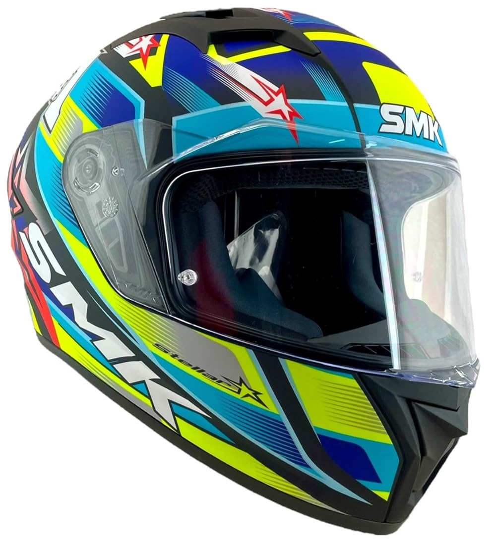 SMK Stellar UNO Integralhelm In Blau & Neongelb – Leichter Vollvisierhelm Mit DOT-Zulassung Für Motorrad Und Rennsport