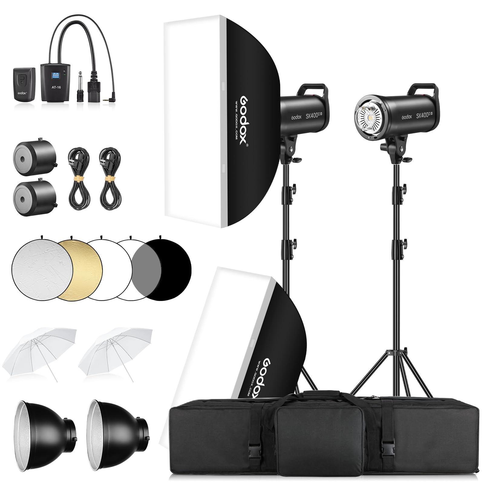 Godox SK400III-V 800Ws Studio Strobe Kit, aktualizacja 2026 400 W 2,4 G bezprzewodowy zestaw Flash z reflektorem, wyzwalacz AT-16, 2 x softbox, 2 x parasol, 2 x stojak świetlny do fotografii studyjnej