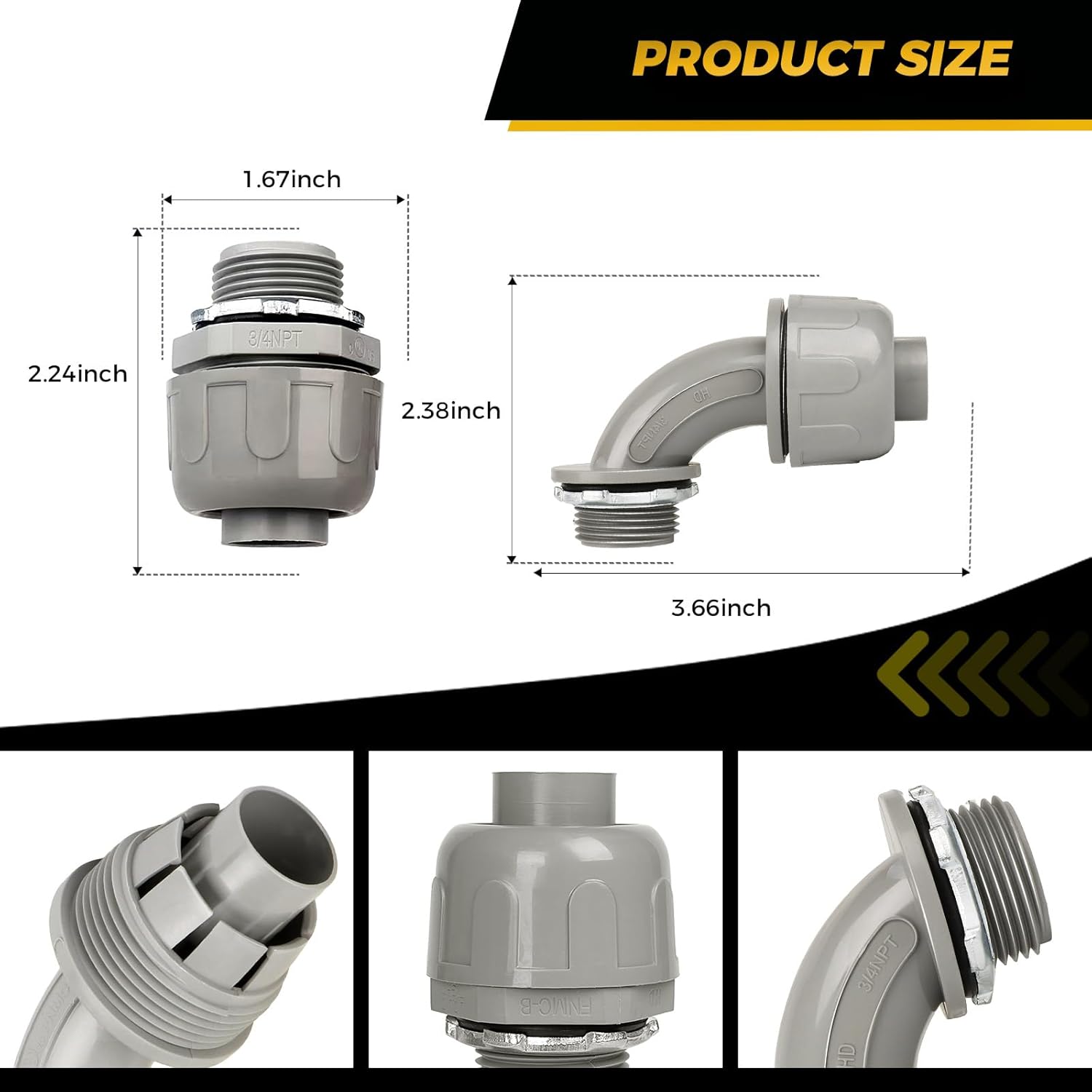 Conduit Connectors, 3/4 Inch Liquid Tight Connector NPT Non-Metallic for PVC Electrical Flexible Conduit Fittings, 30 Straight and 30 Angle 90 Degree, UL Listed, Grey (60-Pack)