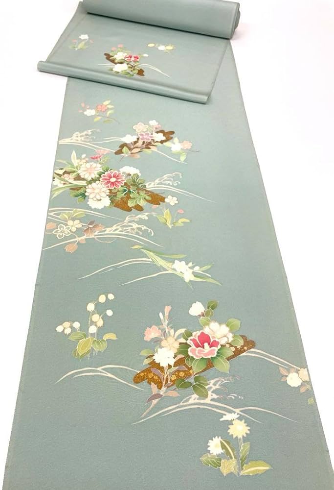 付け下げ 手描 金彩 扇面に四季の花 浜ちりめん 水色 正絹 反物