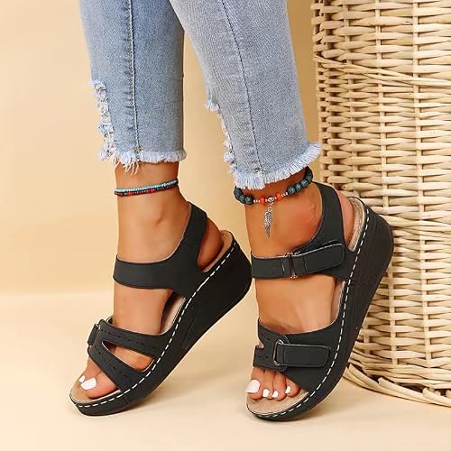 Doix Women's Black Arch Support Sandals For Orthopedic Wedge Flat Feet Corrector Sandals Plantar Fasciitis Platform Fish Mouth Sandals Comfortable Outdoor Walking Beach Shoes,,Us11/Eu42